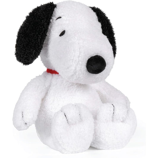 Front view of the Peanuts Cuteeze 12-inch Snoopy plush sitting upright, featuring soft white fur, black floppy ears, and a red collar.