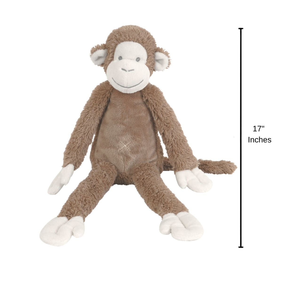 Happy Horse Monkey Mickey plush monkey sitting upright with a 17-inch height indicator graphic next to it.