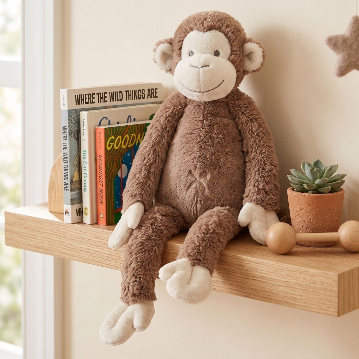 Happy Horse Monkey Mickey plush toy sitting on a floating wooden nursery shelf with its long legs dangling down.