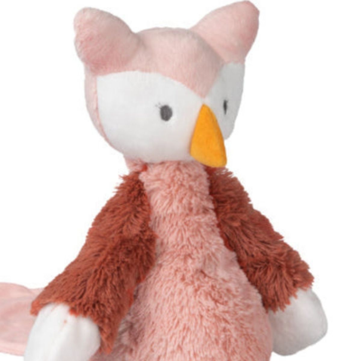 Close-up of the Happy Horse Owl Olivia plush highlighting her white face, yellow beak, and fluffy brown wings.