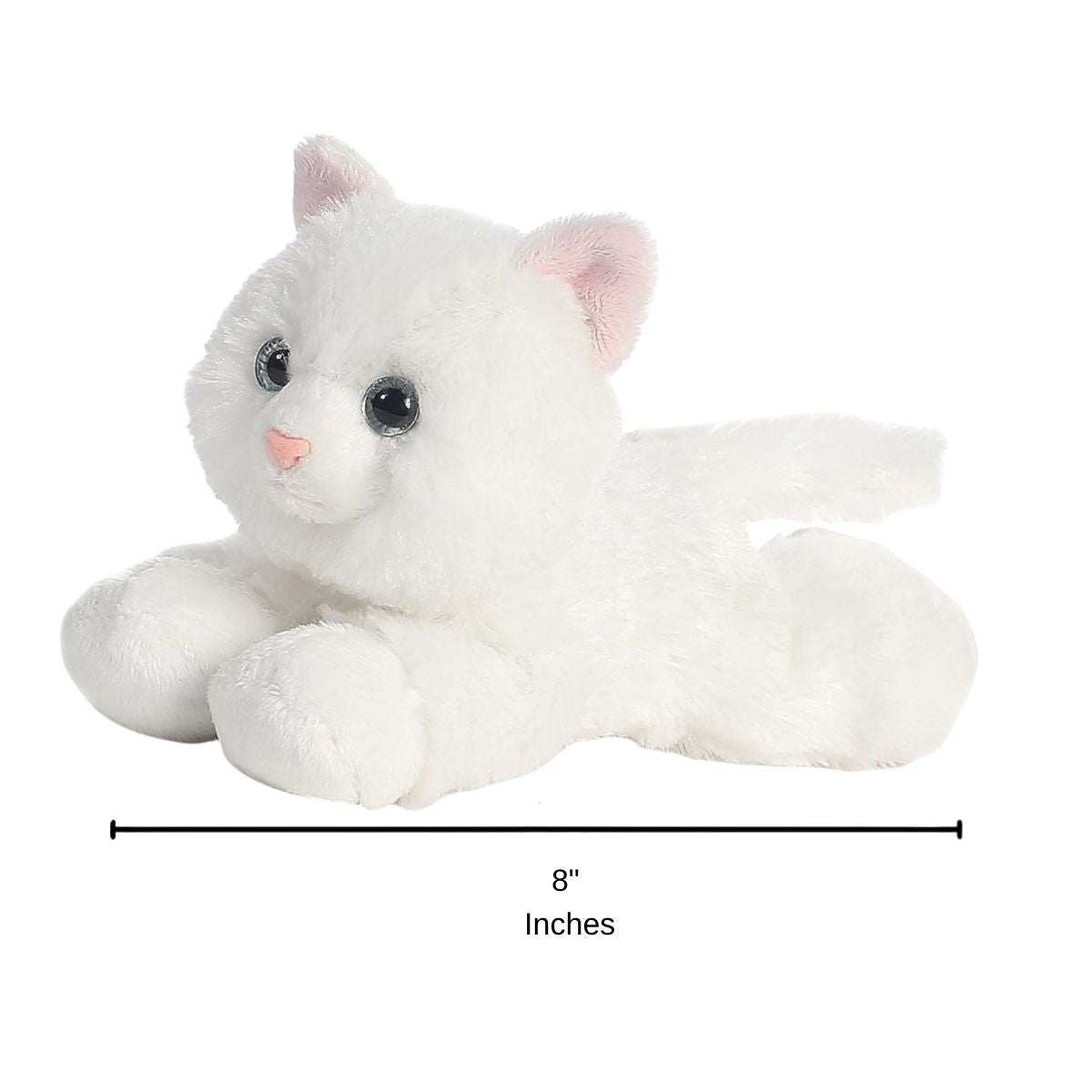 Full side profile of the resting white cat plush with a dimension line indicating its 8-inch length.