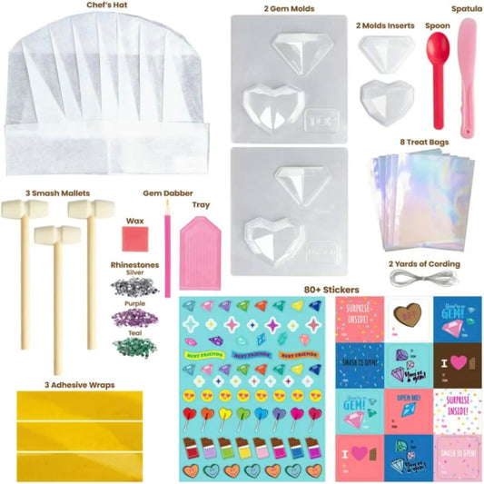 Collection of gem-making supplies including a chef's hat, molds, and decorative items.