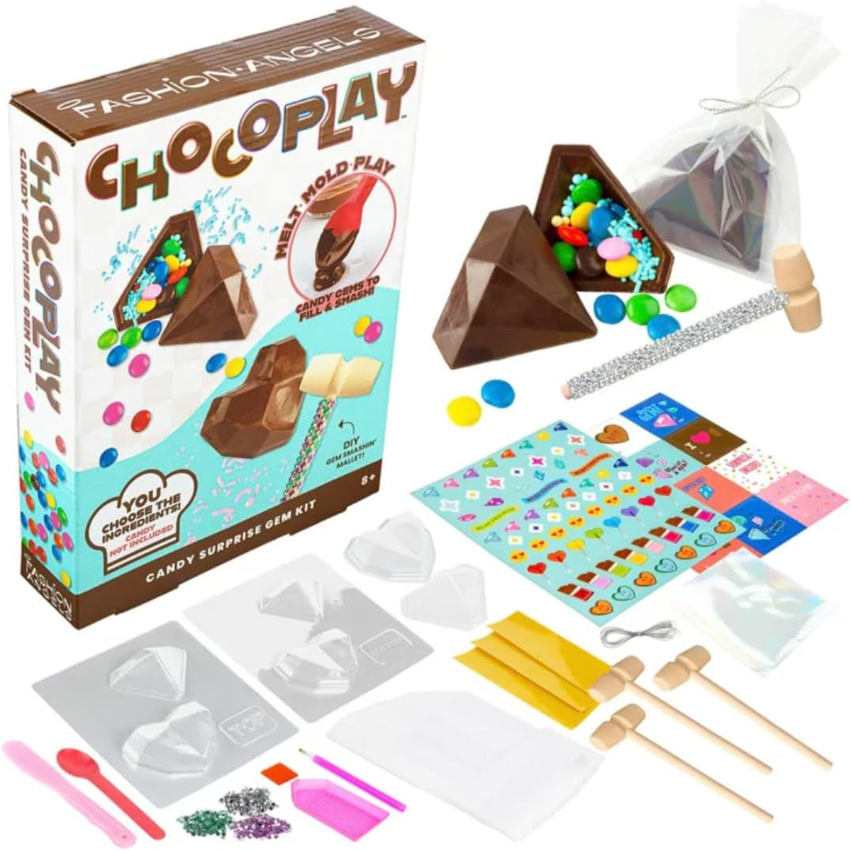 ChocoPlay candy surprise gem kit with packaging, molds, and tools on a white background