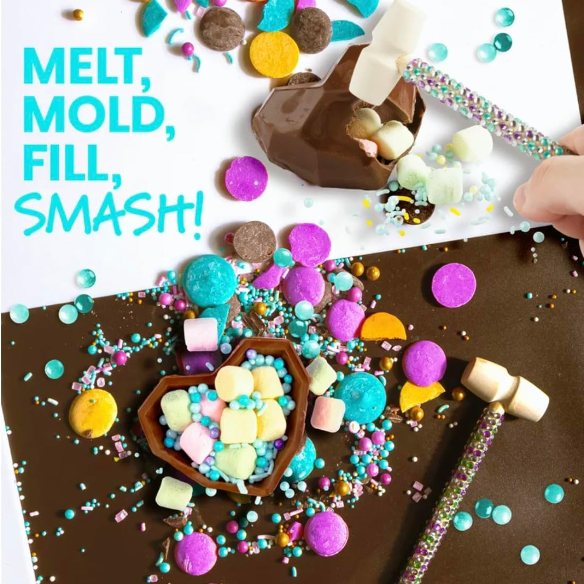 Colorful candy and chocolate setup with text 'Melt, Mold, Fill, Smash!' on a white background.