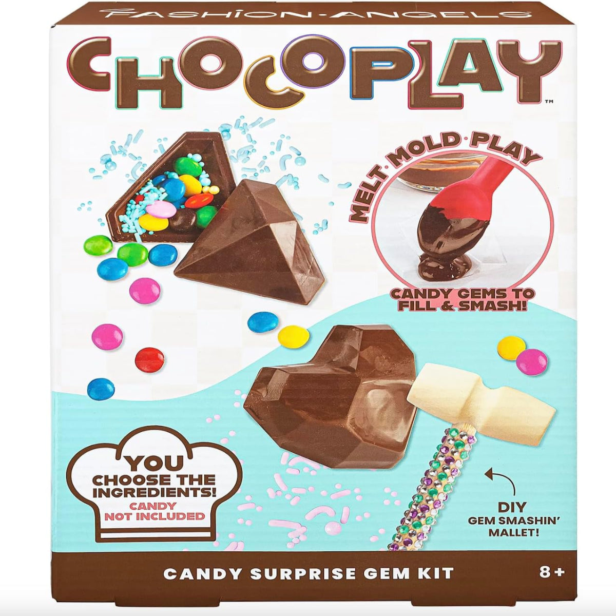 ChocoPlay candy mold kit packaging with chocolate pieces and colorful candies.