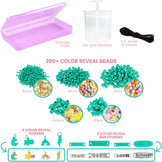 Color reveal beads and accessories with storage case, jar, and elastic on a white background