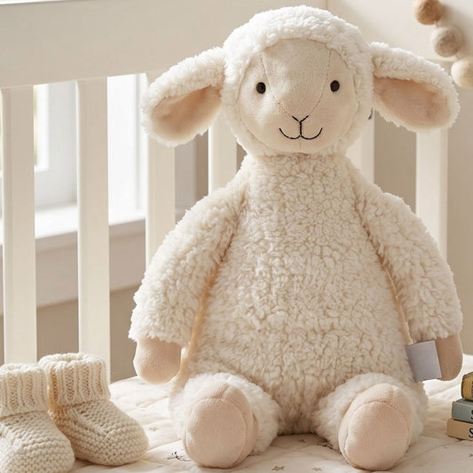 Happy Horse Lamb Leo plush toy sitting in a white nursery crib next to a pair of soft knit baby booties.