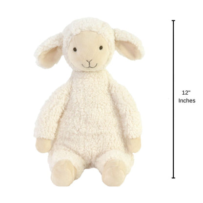 Happy Horse Lamb Leo plush lamb sitting upright with a 12-inch height indicator graphic next to it.