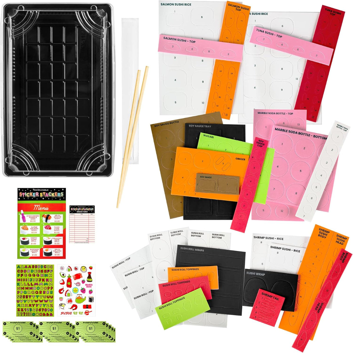 Sticker Stackers product with step-by-step instructions on a pink background