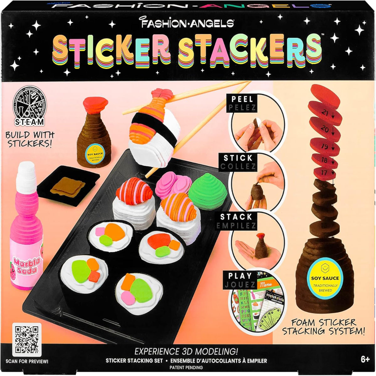 Box of Fashion Angels Sticker Stackers with colorful sushi-themed stickers and instructions.