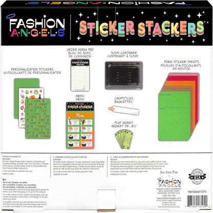 Box of Fashion Angels Sticker Stackers with various sticker sheets and containers on a white background.