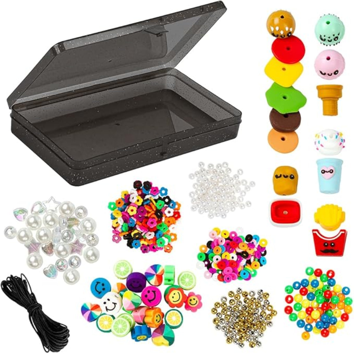Assorted colorful beads and accessories with a black storage box on a white background
