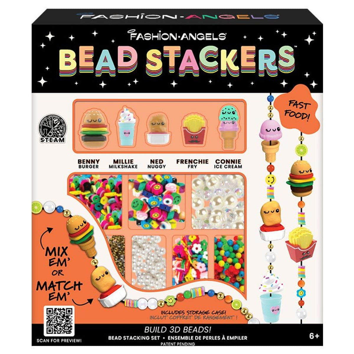 Set of colorful fast food-themed figurines with text 'Meet the Fast Foods' and 'Collect Them All!' on a pink and white background.