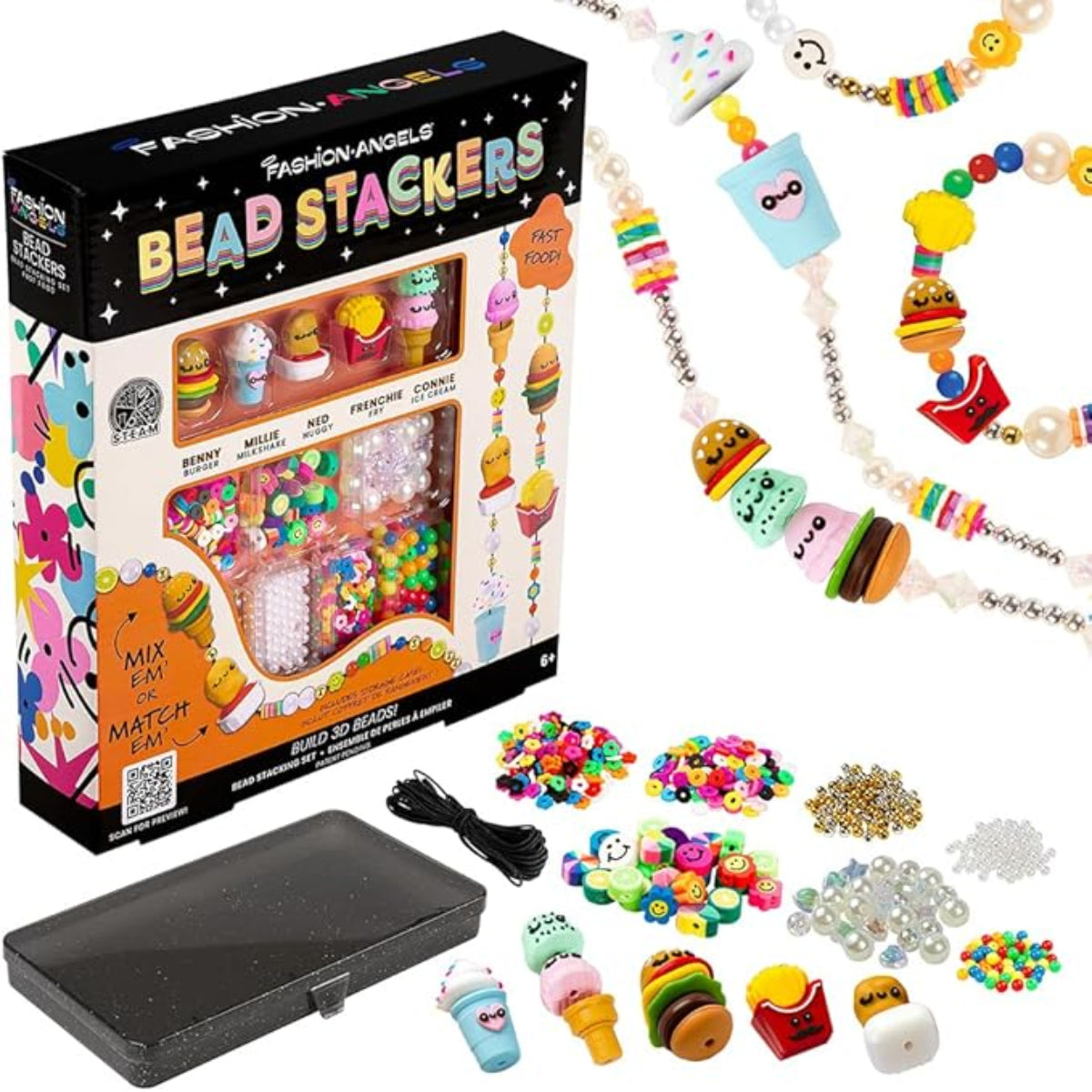 Bead stackers kit with colorful beads, tools, and packaging on a white background