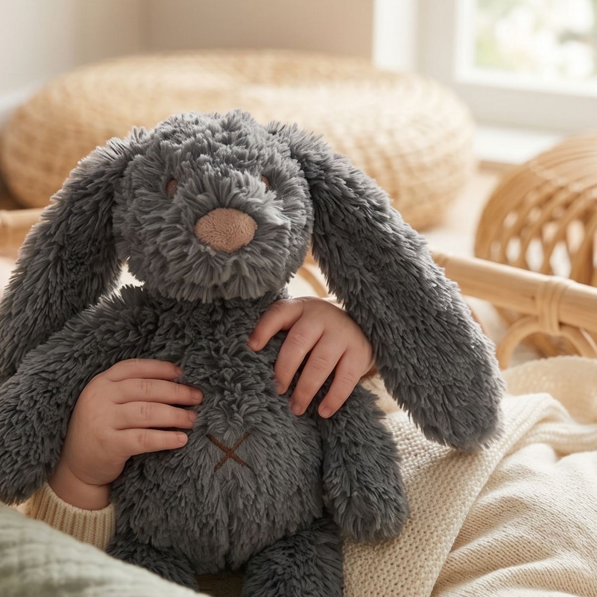 A child holding and hugging the Happy Horse Rabbit Richie deep grey plush bunny closely inside a cozy nursery setting.
