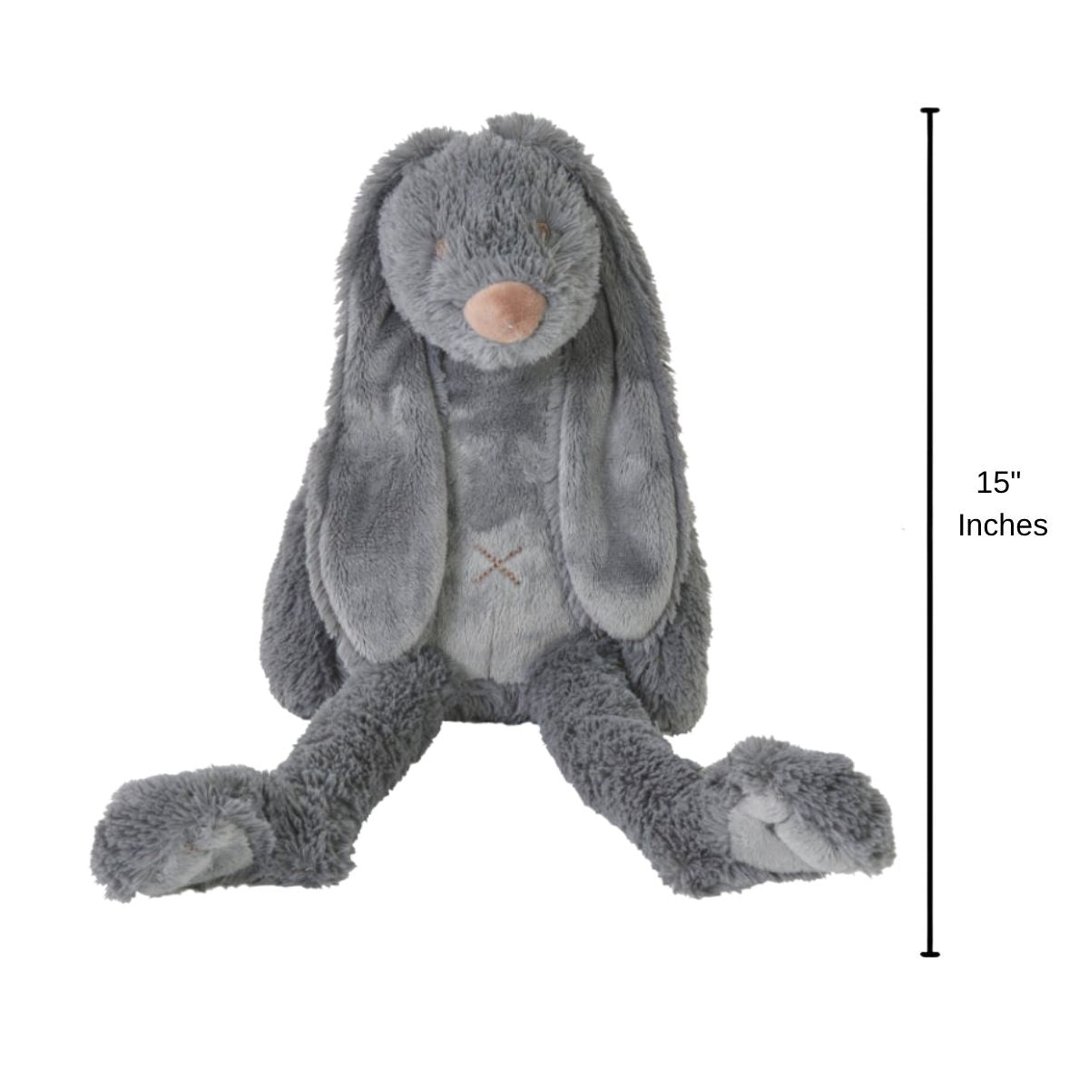 Happy Horse Rabbit Richie deep grey plush bunny sitting upright with a 15-inch height indicator graphic next to it.