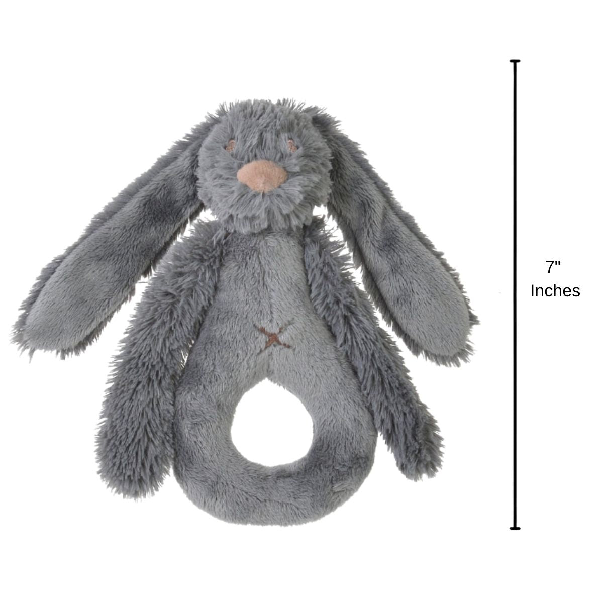 Happy Horse Rabbit Richie deep grey plush rattle standing upright with a 7-inch height indicator graphic.