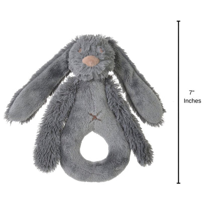 Happy Horse Rabbit Richie deep grey plush rattle standing upright with a 7-inch height indicator graphic.