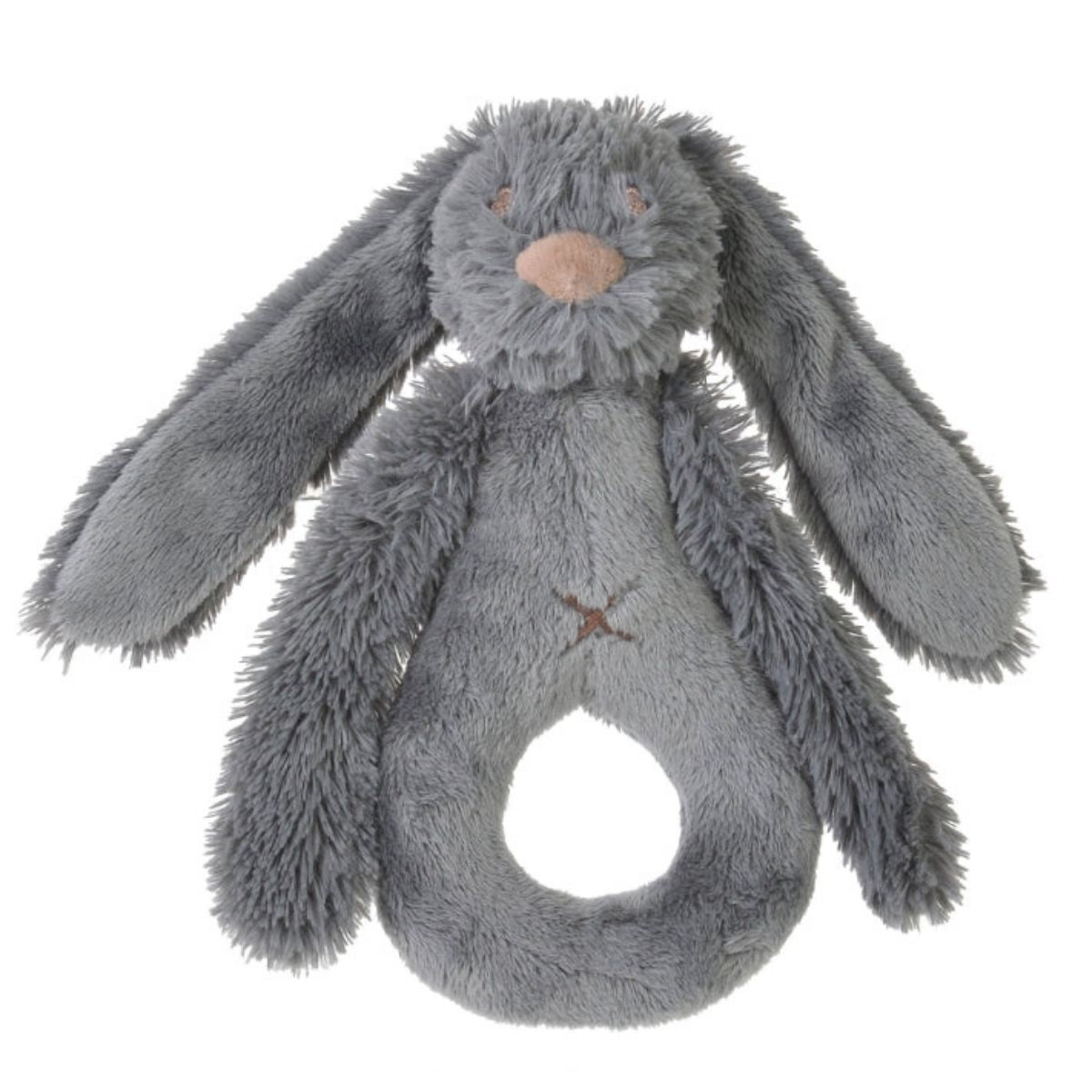 Happy Horse Rabbit Richie soft deep charcoal grey plush ring rattle with long floppy ears against a white background.