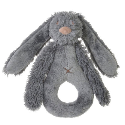 Happy Horse Rabbit Richie soft deep charcoal grey plush ring rattle with long floppy ears against a white background.