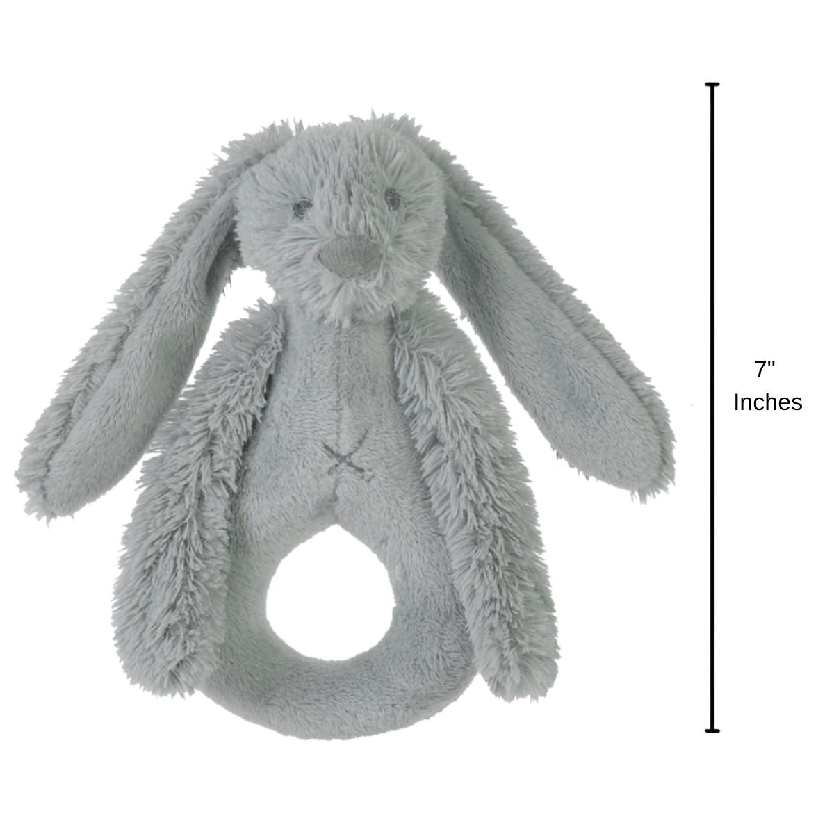 Happy Horse Rabbit Richie grey plush rattle standing upright with a 7-inch height indicator graphic.