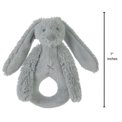 Happy Horse Rabbit Richie grey plush rattle standing upright with a 7-inch height indicator graphic.