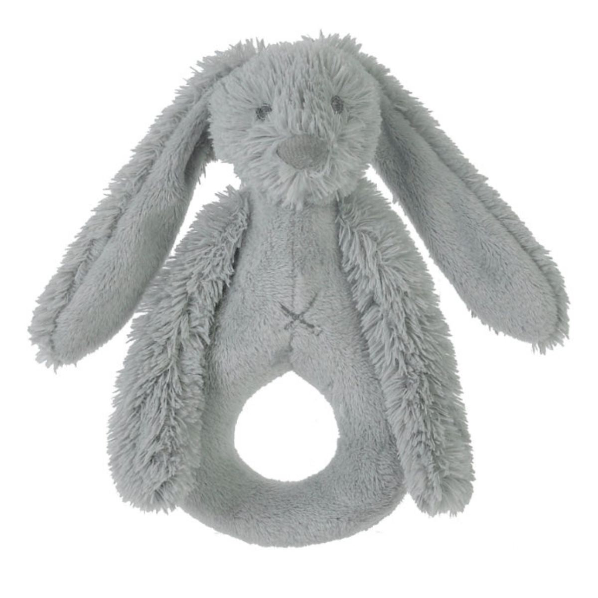 Happy Horse Rabbit Richie soft light grey plush ring rattle with long floppy ears against a white background.