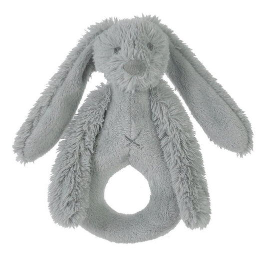 Happy Horse Rabbit Richie soft light grey plush ring rattle with long floppy ears against a white background.