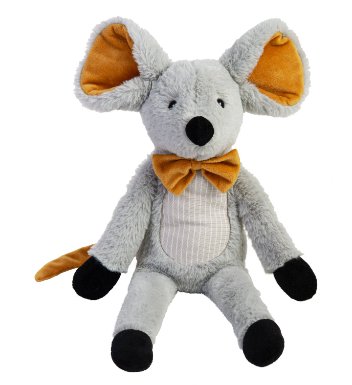 Happy Horse Mouse Misty grey plush stuffed animal with a mustard yellow bow tie sitting against a white background.