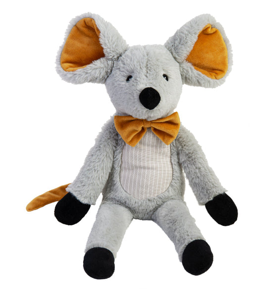 Happy Horse Mouse Misty grey plush stuffed animal with a mustard yellow bow tie sitting against a white background.