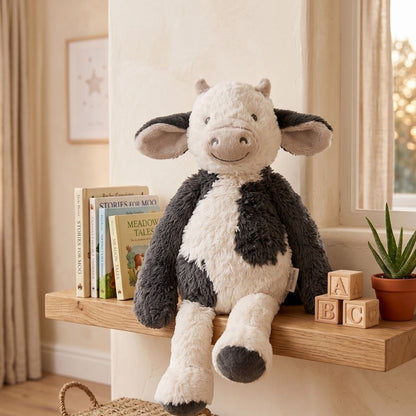 Happy Horse Cow Casper plush toy sitting on a wooden nursery shelf next to classic children's books and wooden blocks.