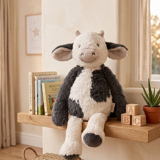 Happy Horse Cow Casper plush toy sitting on a wooden nursery shelf next to classic children's books and wooden blocks.
