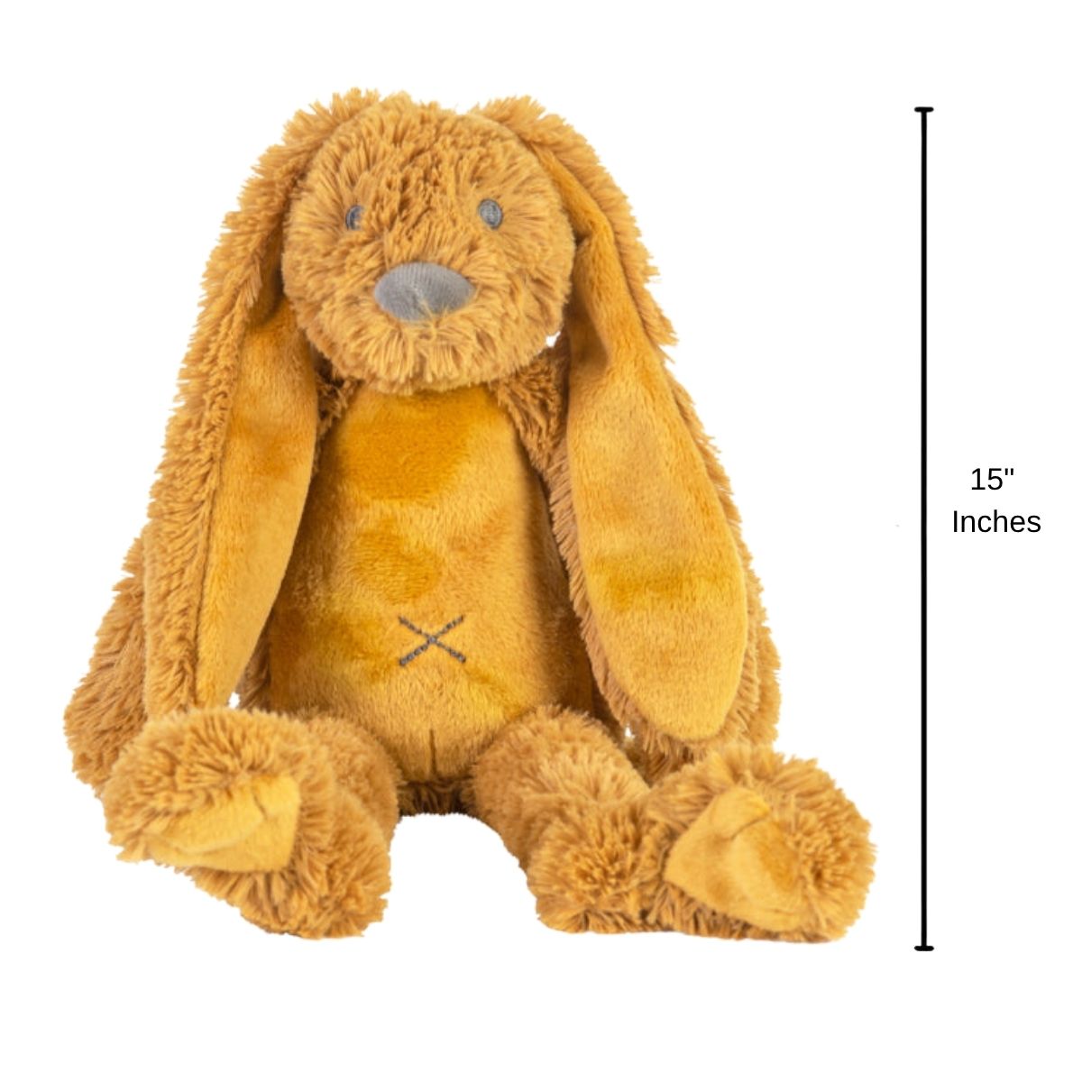 Happy Horse Rabbit Richie plush bunny sitting upright with a 15-inch height indicator graphic next to it.
