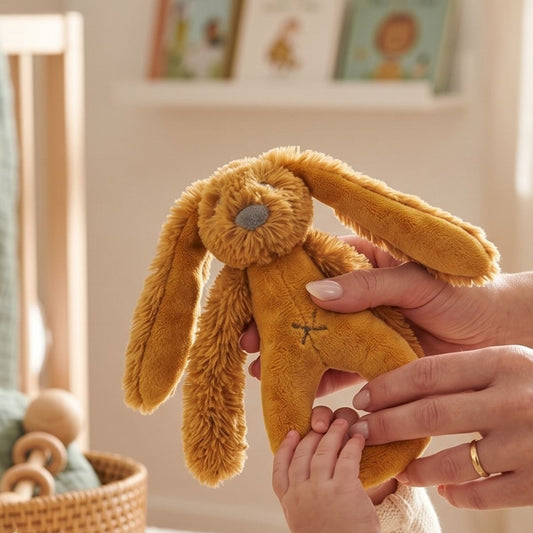An adult's hands holding the Happy Horse Rabbit Richie ochre yellow rattle down for a baby's tiny hand to touch inside a cozy nursery.