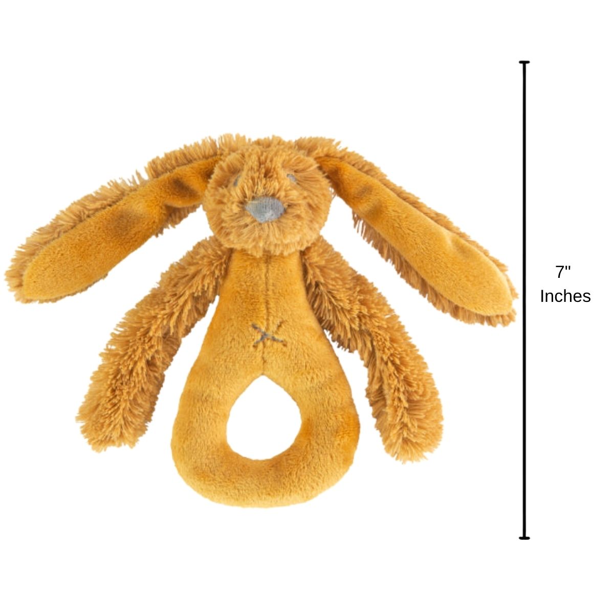Happy Horse Rabbit Richie ochre plush rattle standing upright with a 7-inch height indicator graphic.