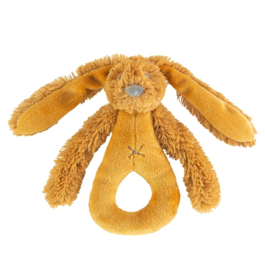 Happy Horse Rabbit Richie soft ochre yellow plush ring rattle with long floppy ears against a white background.