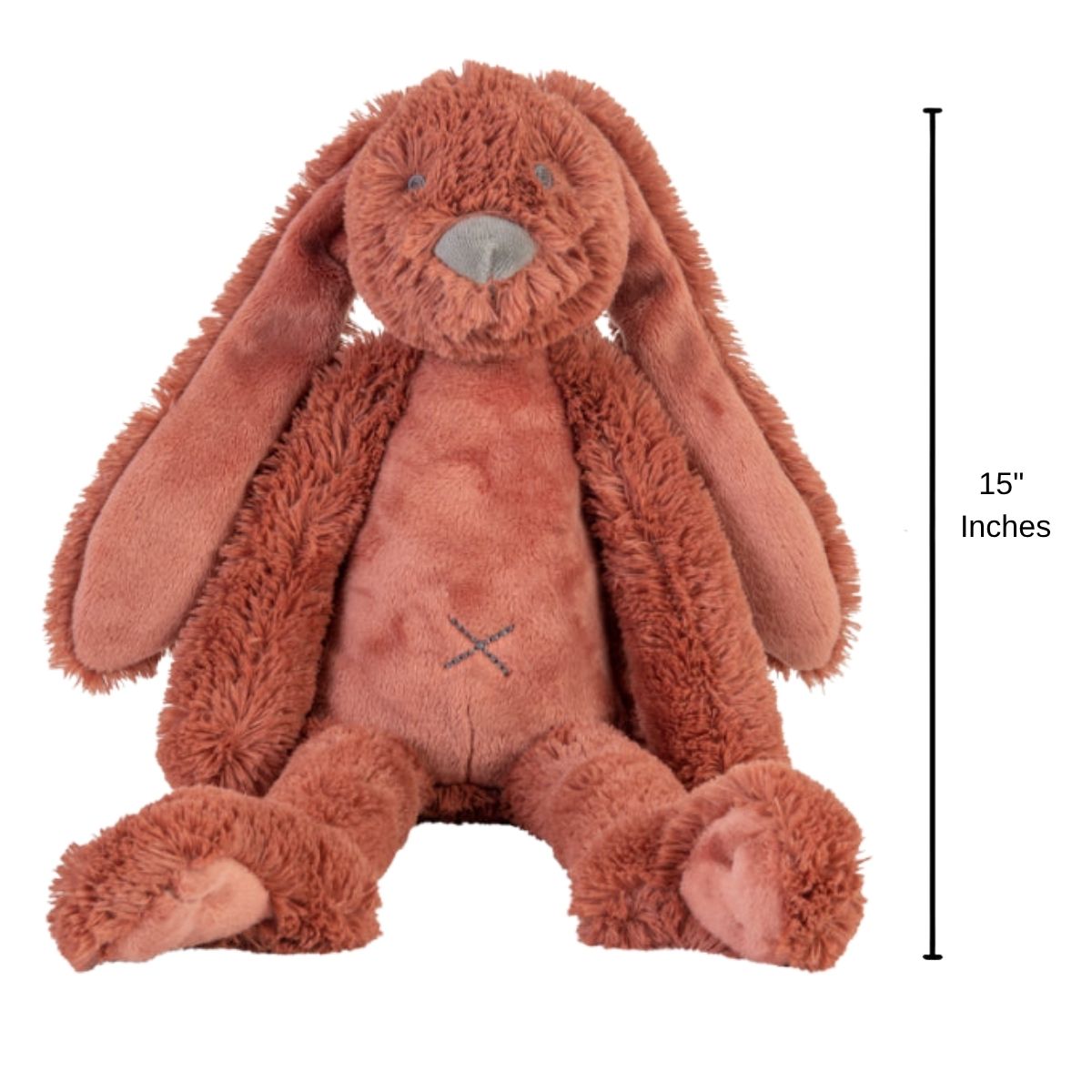 Happy Horse Rabbit Richie plush bunny sitting upright with a 15-inch height indicator graphic next to it.