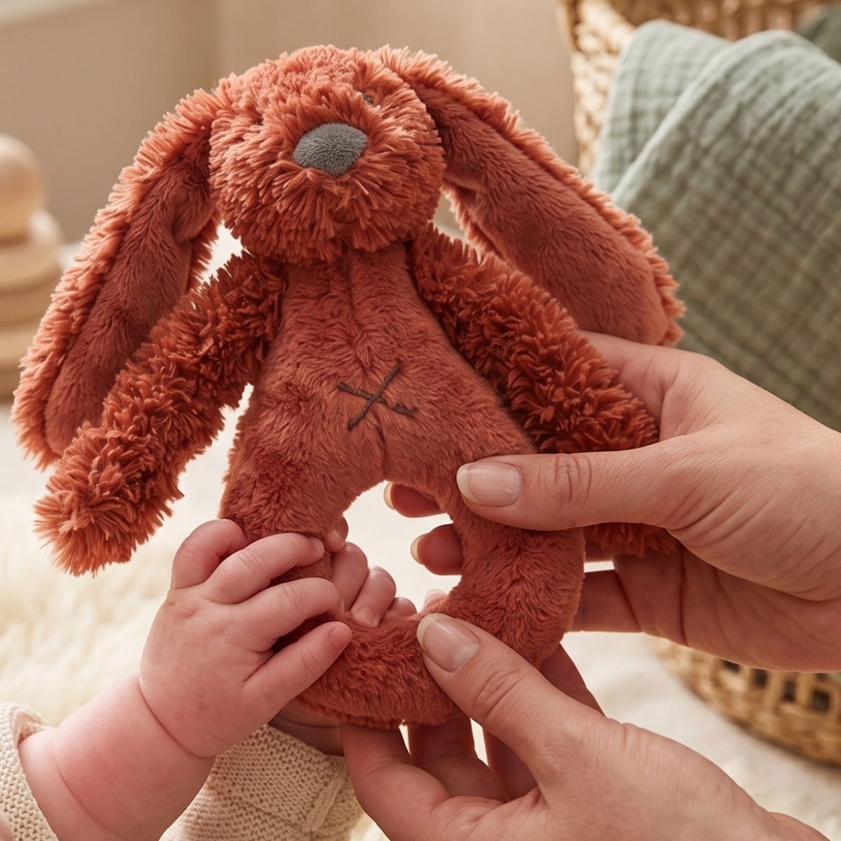A parent's hands guiding a baby's tiny hands to hold the Happy Horse Rabbit Richie rusty orange plush rattle.