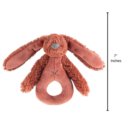 Happy Horse Rabbit Richie rusty plush rattle standing upright with a 7-inch height indicator graphic.