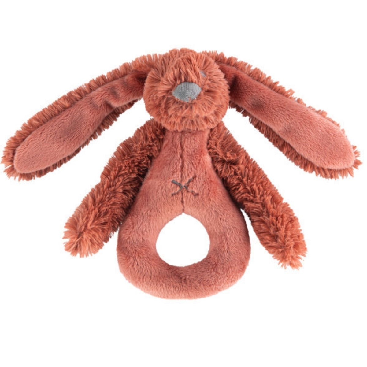 Happy Horse Rabbit Richie soft rusty terracotta-orange plush ring rattle with long floppy ears against a white background.