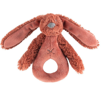 Happy Horse Rabbit Richie soft rusty terracotta-orange plush ring rattle with long floppy ears against a white background.