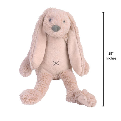 Happy Horse Rabbit Richie old pink plush bunny sitting upright with a 15-inch height indicator graphic next to it.