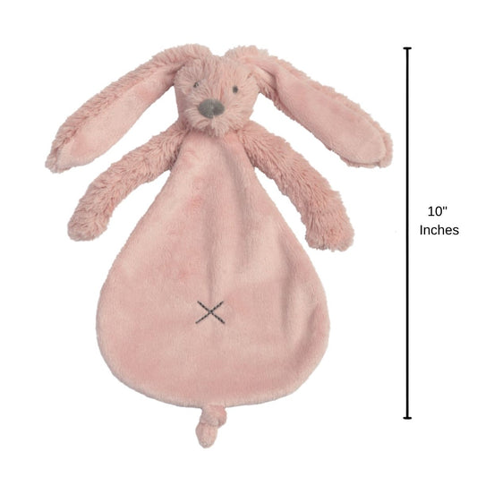 Happy Horse Rabbit Richie old pink plush security blanket standing upright displaying a 10-inch height indicator graphic.