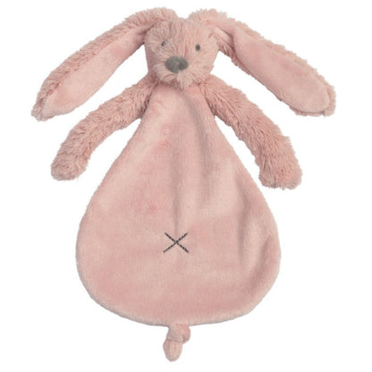 Happy Horse Rabbit Richie old pink plush security tuttle blanket with long floppy ears against a white background.