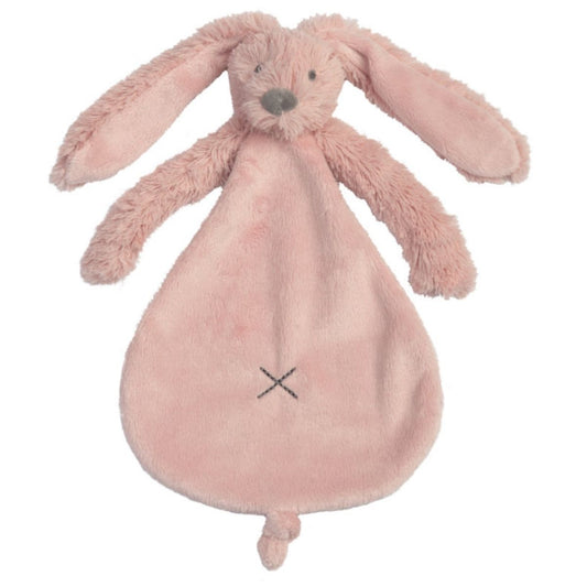 Happy Horse Rabbit Richie old pink plush security tuttle blanket with long floppy ears against a white background.