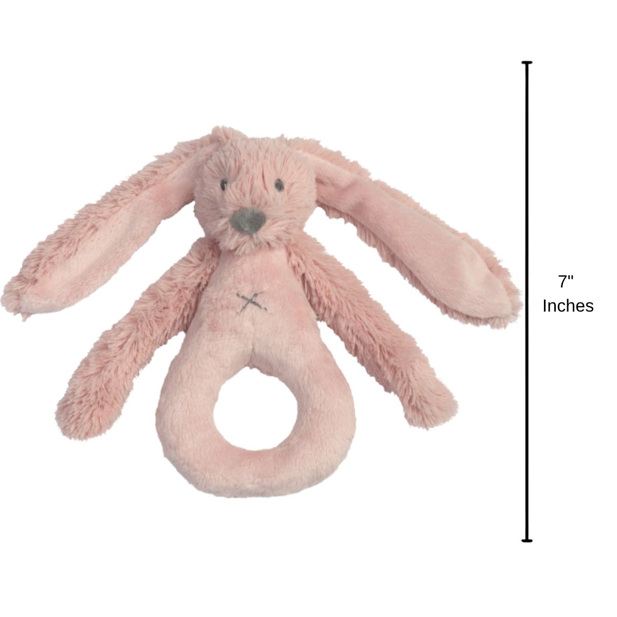 Happy Horse Rabbit Richie old pink plush rattle standing upright with a 7-inch height indicator graphic.