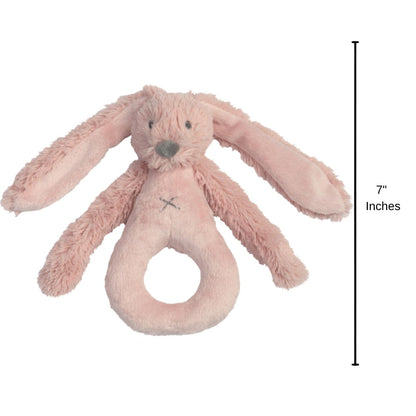 Happy Horse Rabbit Richie old pink plush rattle standing upright with a 7-inch height indicator graphic.
