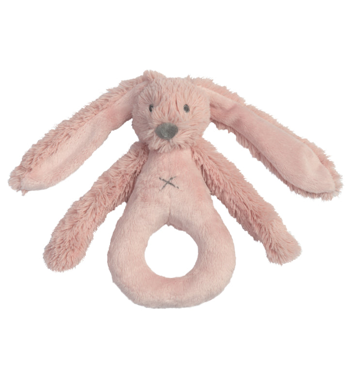 Happy Horse Rabbit Richie soft old pink plush ring rattle with long floppy ears and dangling arms against a white background.