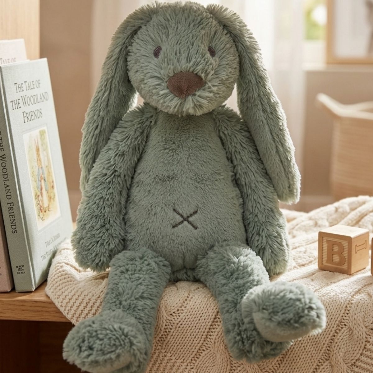 Happy Horse Rabbit Richie green plush toy sitting on a textured blanket next to a classic children's book and a wooden alphabet block.
