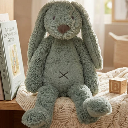 Happy Horse Rabbit Richie green plush toy sitting on a textured blanket next to a classic children's book and a wooden alphabet block.